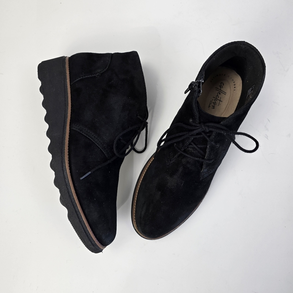 Clarks Collection Sharon Hop Suede Wedge Ankle Boots, Black, Women's 9.5 - Picture 2 of 13